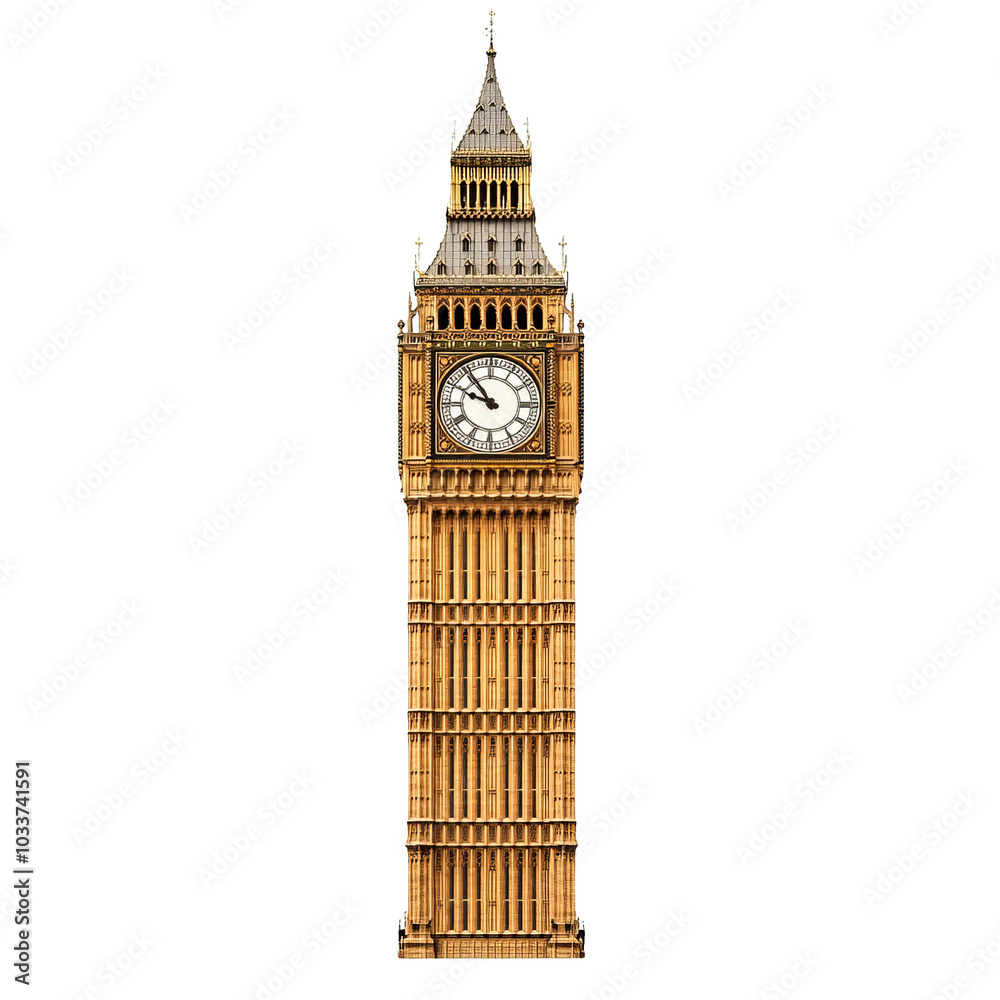 Big Ben tower, iconic clock tower in London, white isolated background.