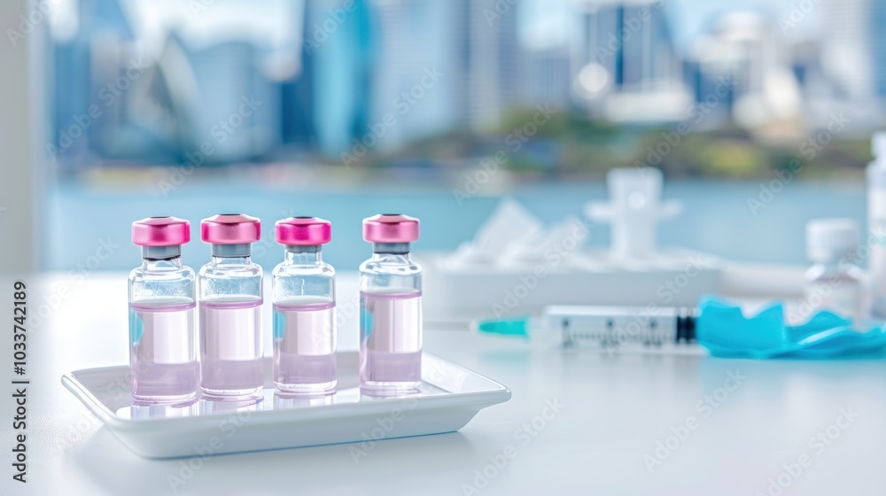 Four vaccine vials with pink caps on tray overlooking city skyline and syringe Four vaccine vials with pink caps on tray overlooking city skyline and syringe