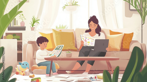 A mother multitasking between work and childcare, sitting on a sofa with her laptop open, while her child sits beside her reading a picture book. The living room is cozy with plush cushions.