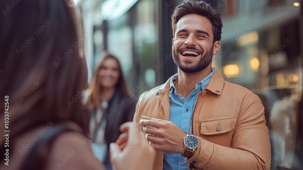 Fototapeta premium Happy Man Showing Off New Watch to Friends Outside