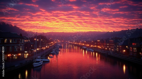 Vibrant sunset over a tranquil river landscape.