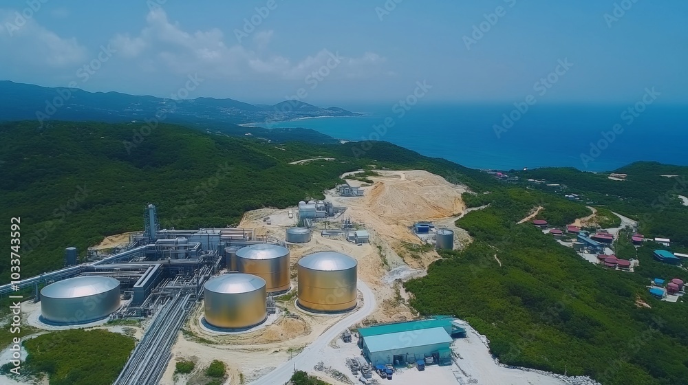 Obraz premium Aerial View of Industrial Complex with Storage Tanks and Coastal Landscape