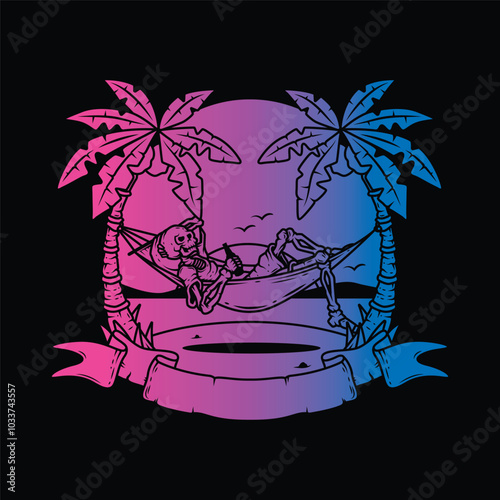 Original vector illustration. Skeleton on the beach in a hammock with the sea in the background.