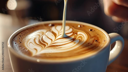 Cappuccino coffee is served using a ceramic mug, pouring milk to make latte art coffee, close up view video footage.