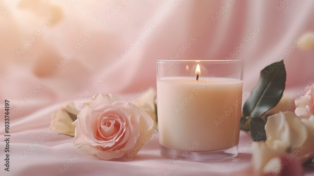Candle and Rose on Soft Pink Fabric Background Candle and Rose on Soft Pink Fabric Background