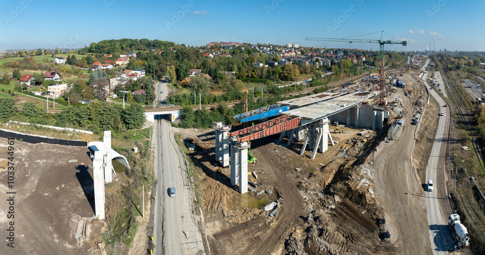 Krakow, Poland. Fragment of highway under construction, on S7 and ring road around Cracow between Mistrzejowice interchange and large Grebalow junction, also under construction. State in October 2024