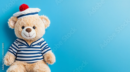 teddy bear in sailor costume on blue background, generative ai