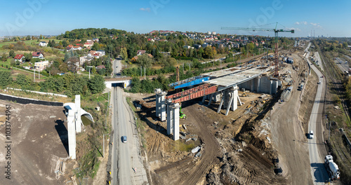 Obraz na płótnie Krakow, Poland. Fragment of highway under construction, on S7 and ring road around Cracow between Mistrzejowice interchange and large Grebalow junction, also under construction. State in October 2024 w salonie