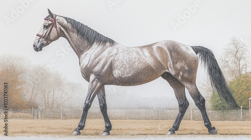 Grey Horse Walking in a Field with a Bridle photo