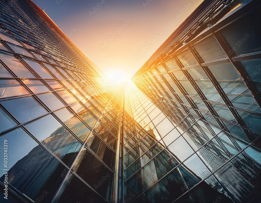 Low angle view of futuristic architecture and glass facade. Details of a skyscraper, modern office building.