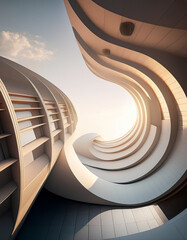 Low angle view of futuristic architecture and glass facade.  Details of a skyscraper, modern office building.