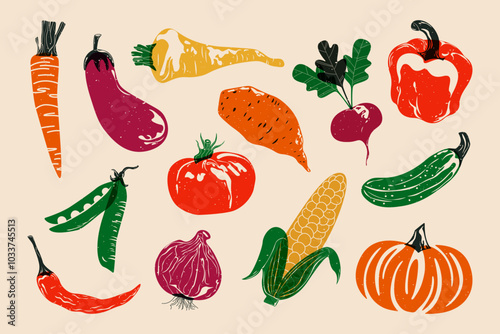 Vegetables riso print. Colorful organic food screen printing effect for fabric, textile, poster. Carrot tomato chilli pepper pumpkin eggplant radish cucumber pea parsnip corn onion. Vector set