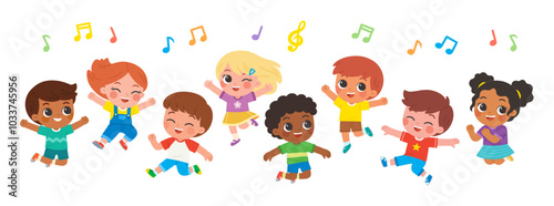 Group of Happy boys and girls standing and jumping. Collection back to School of kindergarten. Children with different jumping poses. Children's activities.