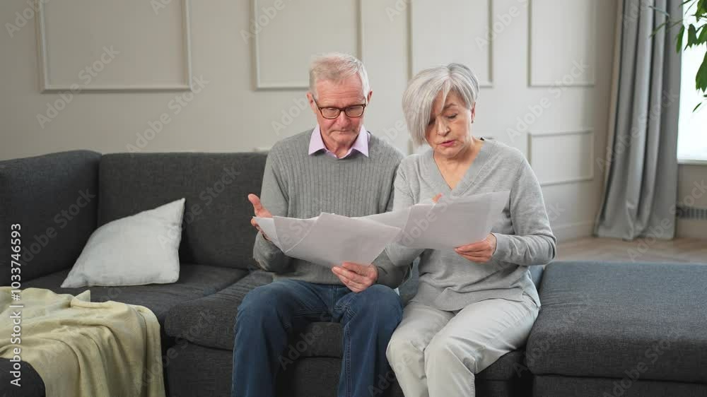 Sad tired disappointed middle aged senior couple sit with paper document. Unhappy older mature man woman reading paper bill managing bank finances calculating taxes planning loan debt pension payment Sad tired disappointed middle aged senior couple sit with paper document. Unhappy older mature man woman reading paper bill managing bank finances calculating taxes planning loan debt pension payment