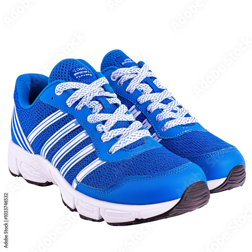 Blue athletic shoes with white laces on a white isolated background. photo