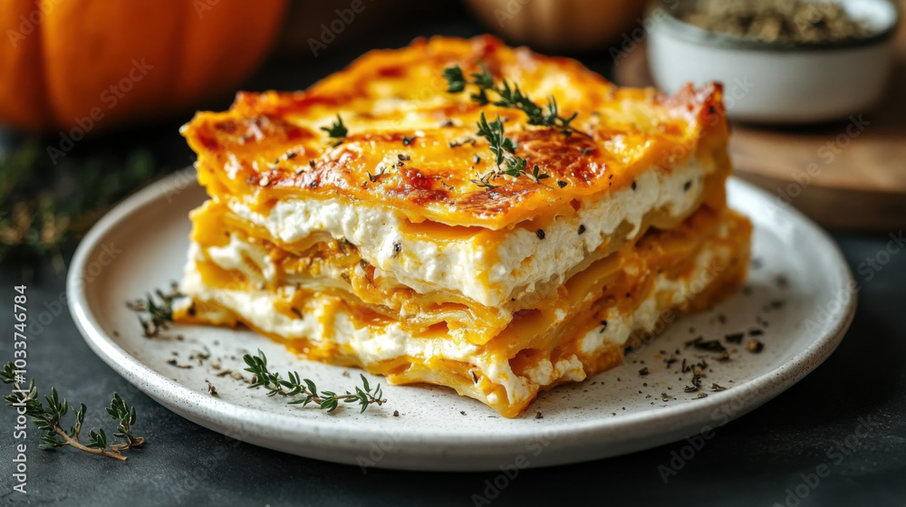 Pumpkin lasagna with layers of béchamel and cheese, isolated on a white ceramic plate with a dark slate background Pumpkin lasagna with layers of béchamel and cheese, isolated on a white ceramic plate with a dark slate background
