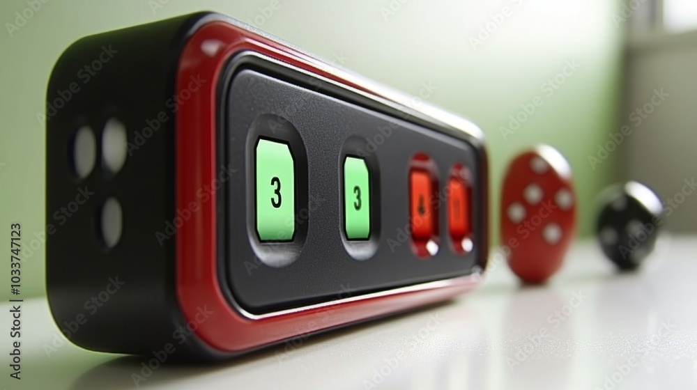 Red and Black Electronic Device with Green Buttons and Dice Technology Gadget Close up Red and Black Electronic Device with Green Buttons and Dice Technology Gadget Close up