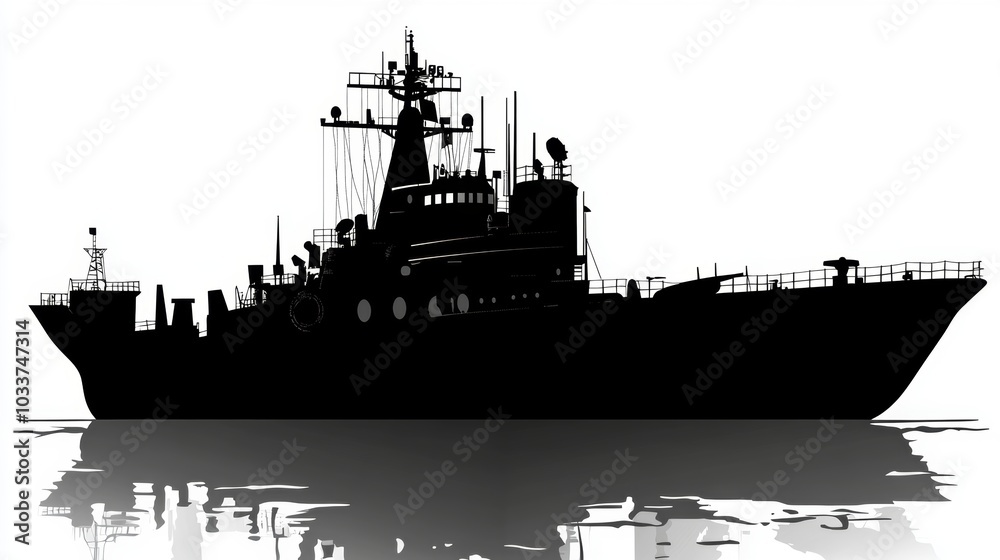Military Warship Silhouette on Calm Water Military Warship Silhouette on Calm Water