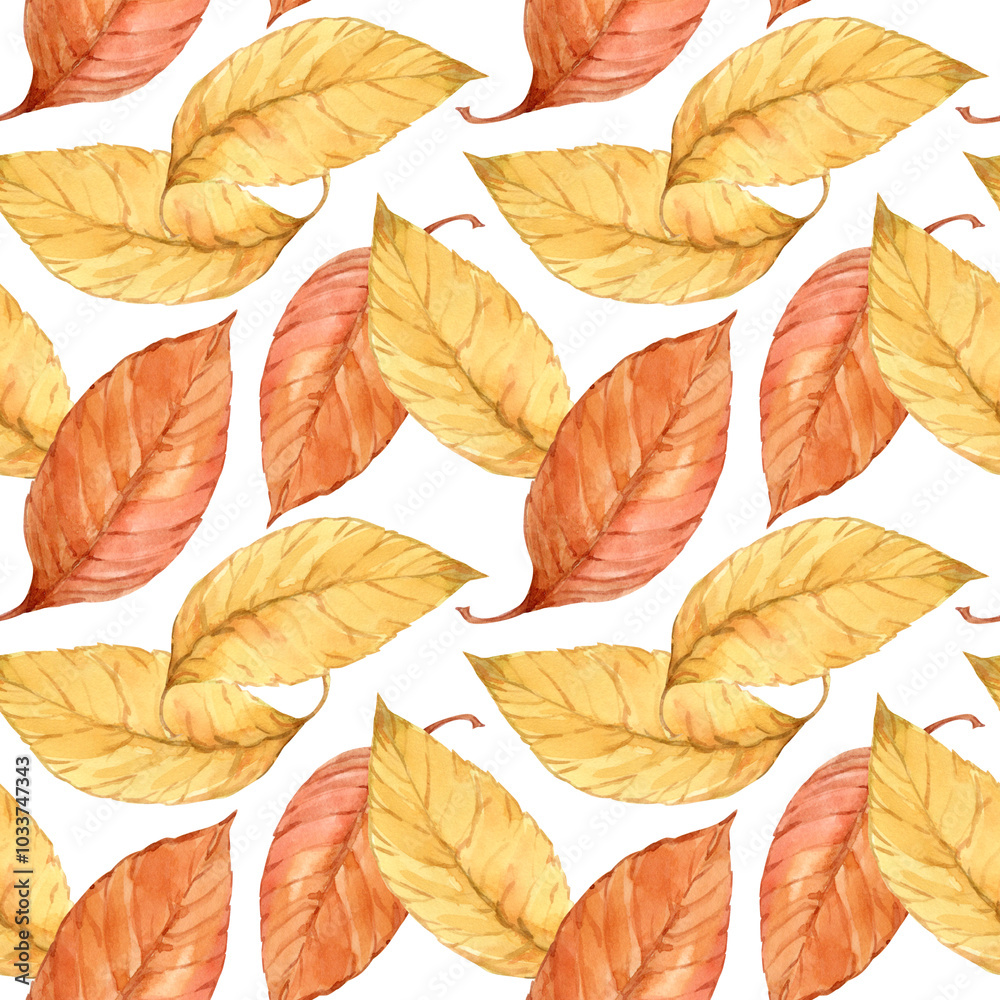 Obraz premium Seamless texture. Autumn leaves painted with watercolors on an isolated background. Leaf fall 2024, yellow, red leaves for printing on fabric, paper, wallpaper, packaging.