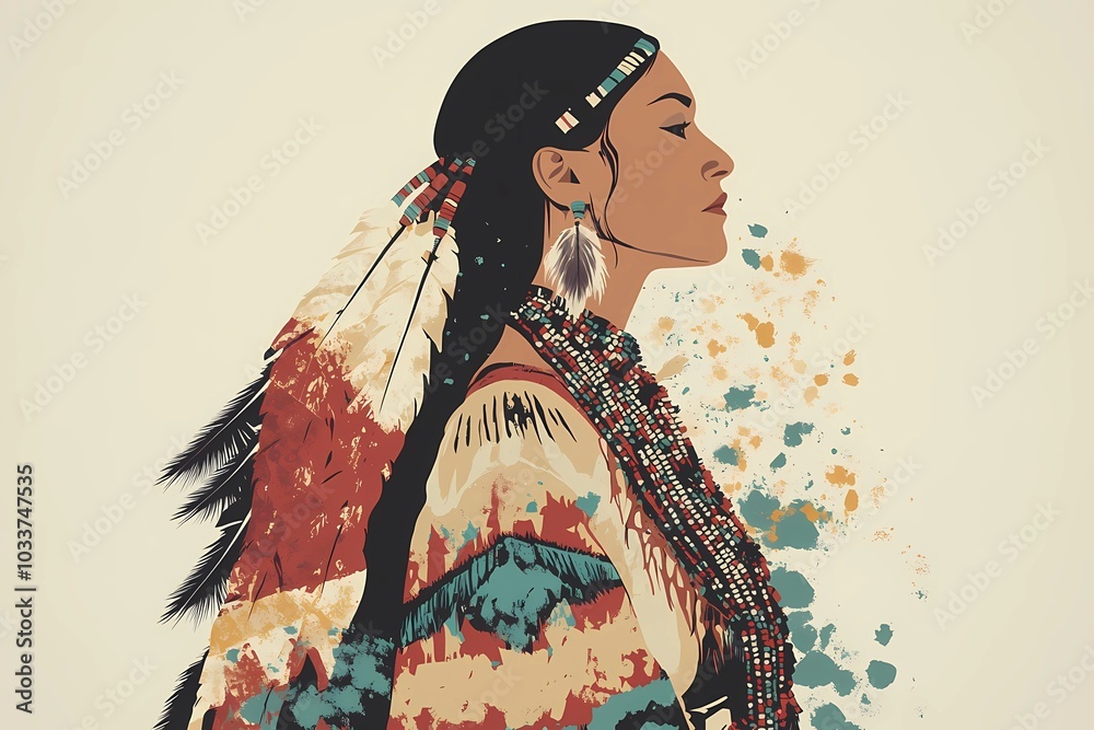 Fototapeta premium Portrait of a Native American woman in traditional attire, with intricate tribal patterns, perfect for cultural heritage and history visuals.
