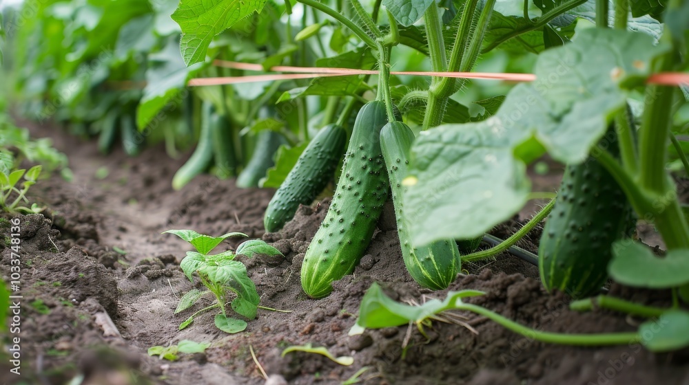 Fototapeta premium Green cucumber grows on the bed in the greenhouse, selective focus, Generative AI,