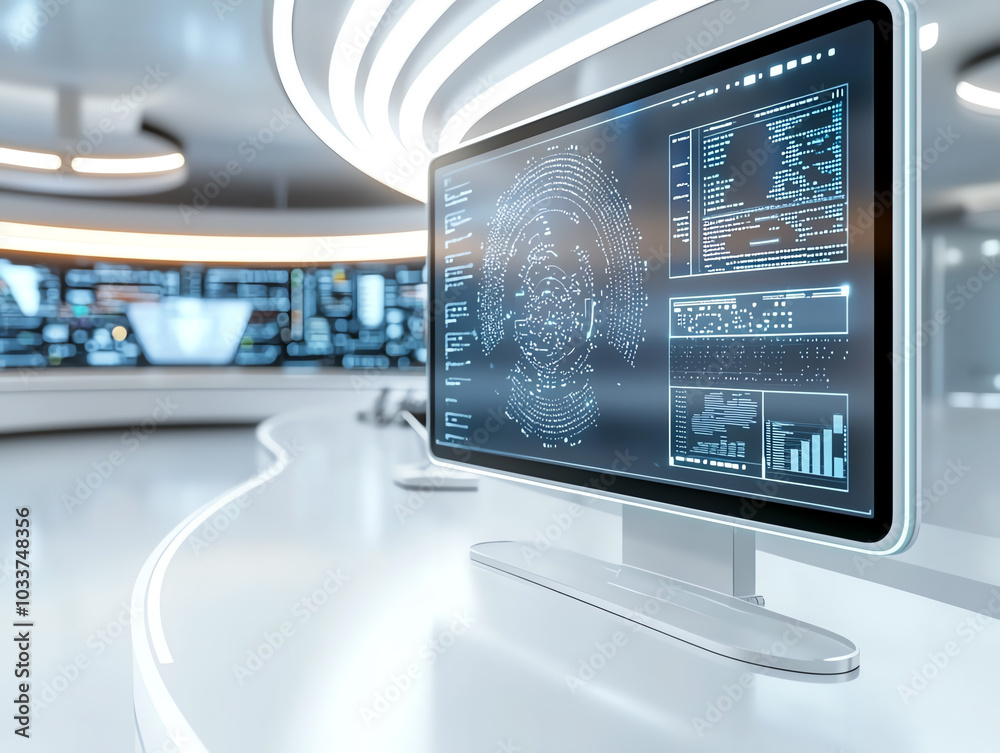 Naklejka premium Futuristic digital interface displaying data analytics in a modern tech environment for enhanced decision making and innovation