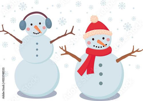 Smiling snowmen in hats and it is snowing. Colorful winter illustration