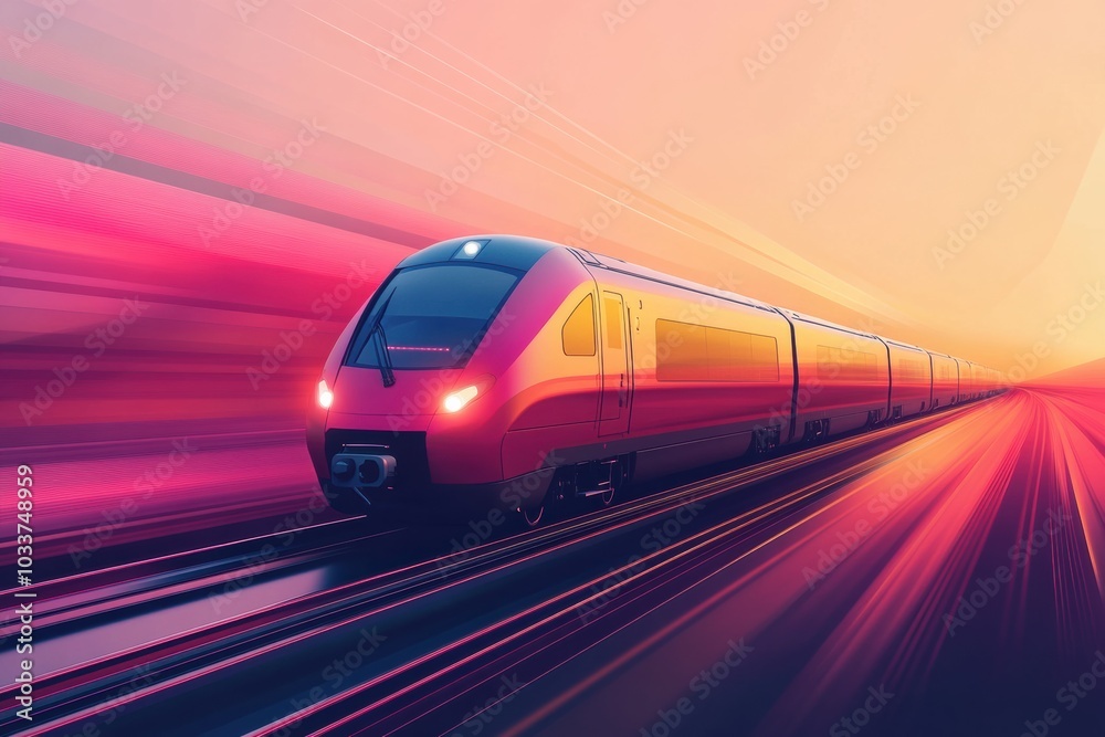 Naklejka premium A sleek train travels effortlessly along the tracks, illuminated by the warm hues of a vibrant sunset, capturing a sense of speed. Generative AI