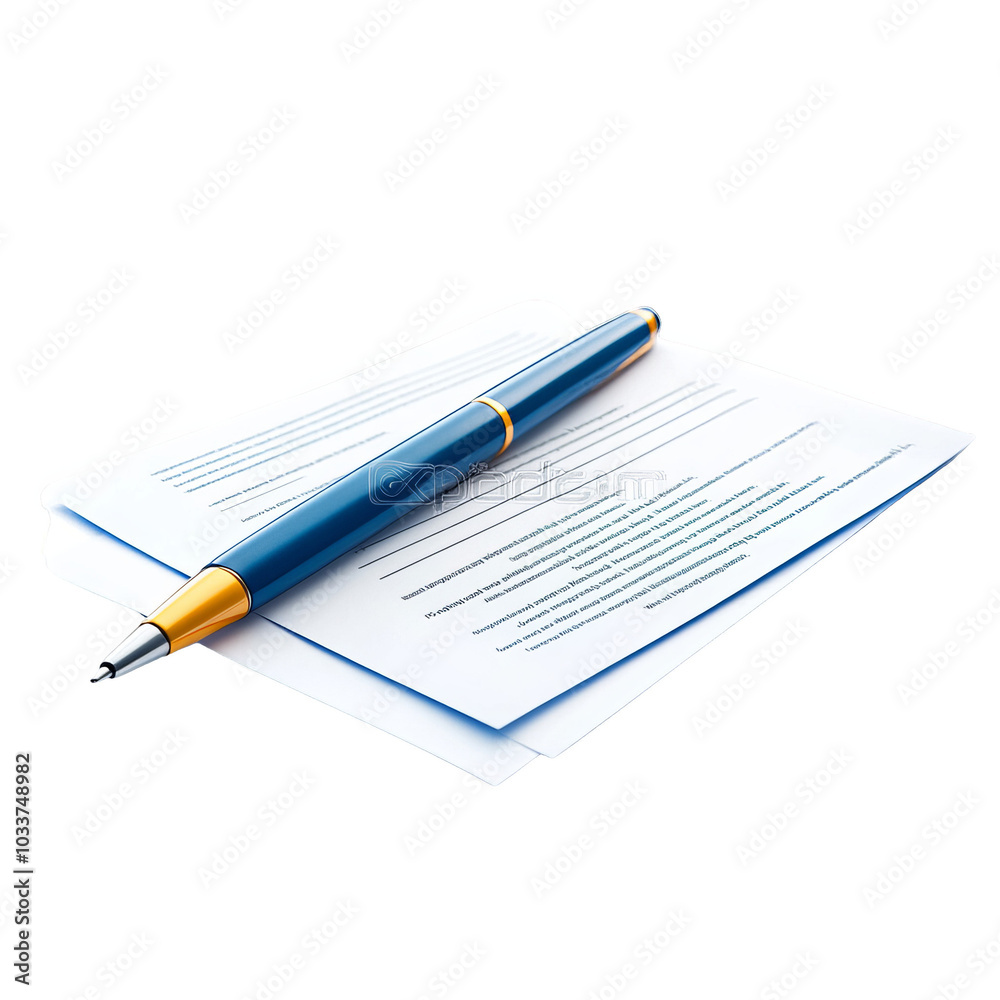 Blue pen resting on a stack of blank documents, white isolated background.