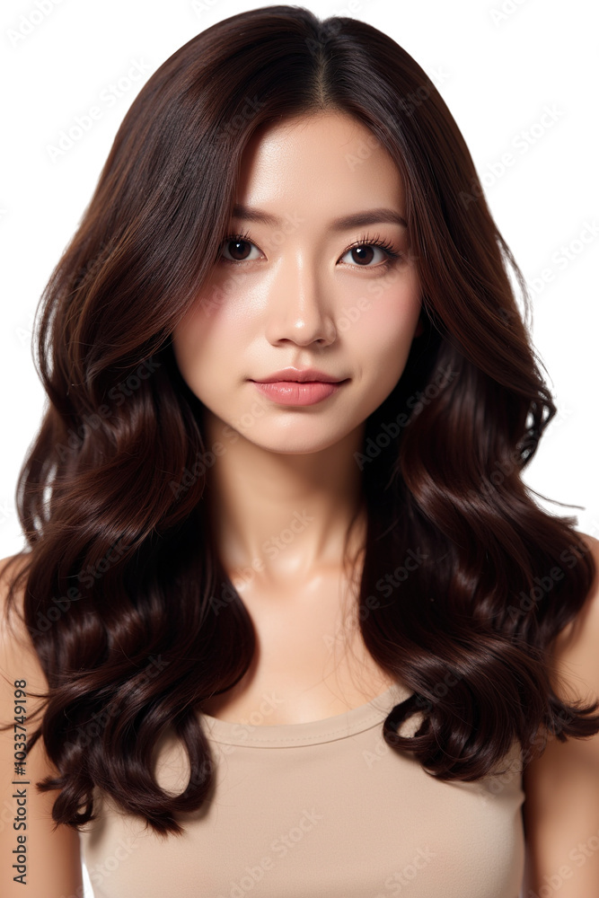 Beautiful Asia Woman with Long Wavy Brunette Hair isolated PNG Beautiful Asia Woman with Long Wavy Brunette Hair isolated PNG