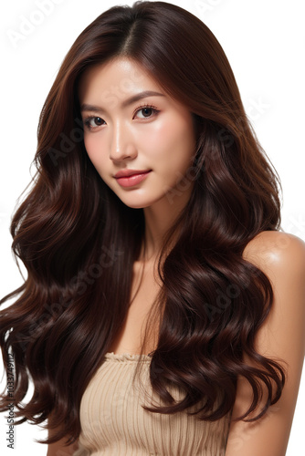 Beautiful Asia Woman with Long Wavy Brunette Hair isolated PNG