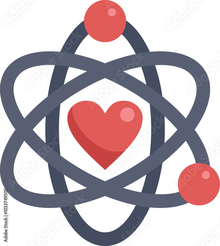 Atom symbol with electrons rotating around a red heart, representing the love of science