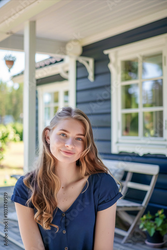 Smiling Young Woman Relaxing on a Porch of a Cozy Wooden House on a Sunny Day