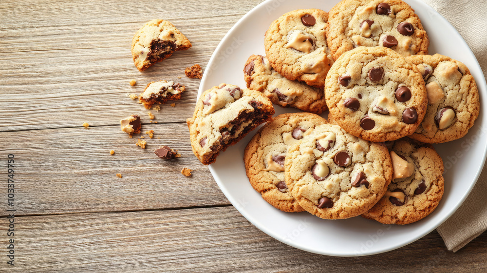 White chocolate chip cookies arranged on a white ceramic plate, with a few broken pieces showing the soft interior. Light wooden background. --chaos White chocolate chip cookies arranged on a white ceramic plate, with a few broken pieces showing the soft interior. Light wooden background. --chaos