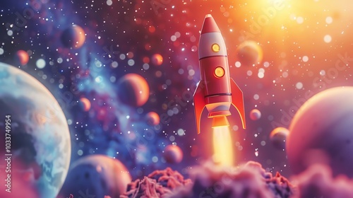 A cartoon rocket taking off from a planet with a fiery trail.