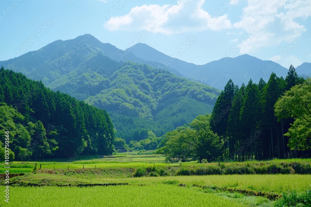 Obraz premium Tranquil rice fields beneath serene mountains on a bright sunny day in rural Japan