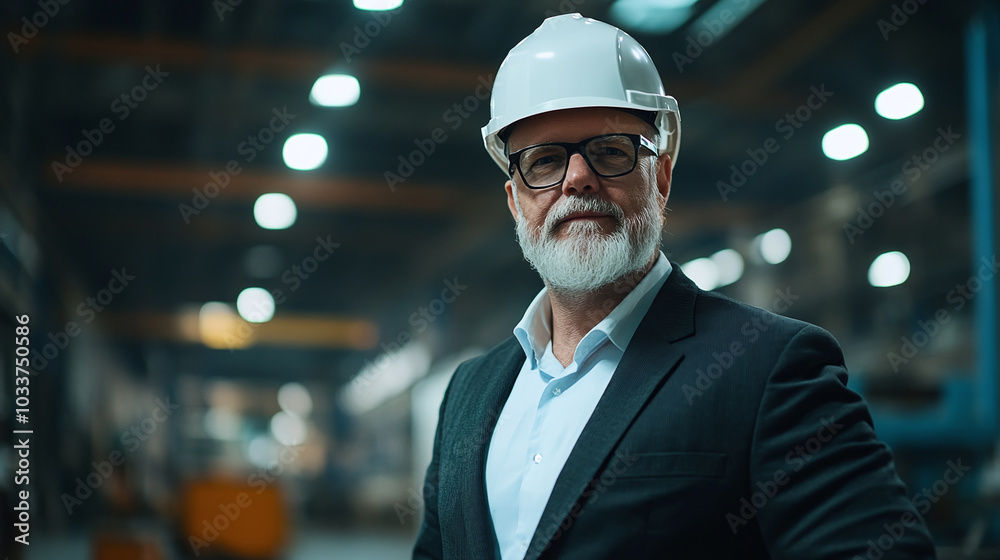 Senior engineer confidently overseeing factory operations in a hard hat and suit, showcasing expertise in engineering. Senior engineer confidently overseeing factory operations in a hard hat and suit, showcasing expertise in engineering.