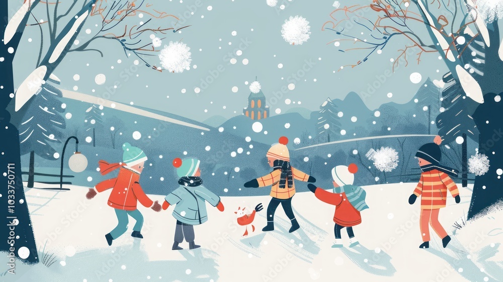 Naklejka premium children playing in winter illustration.