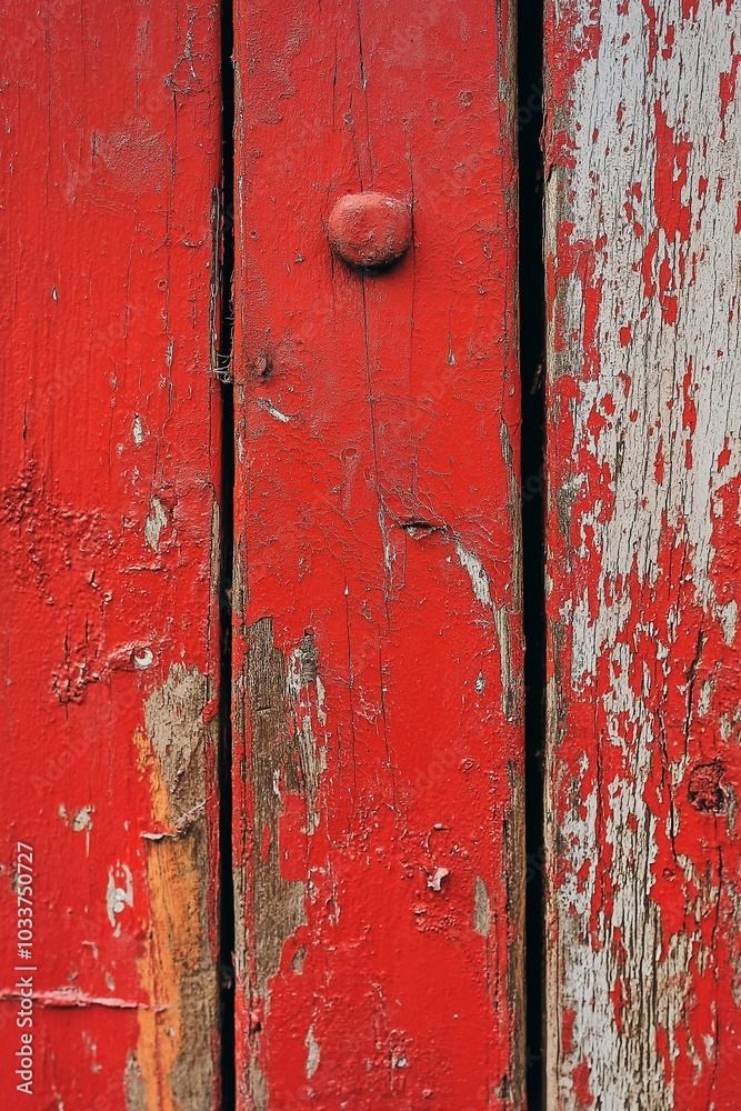 Detailed shot of a rugged, weather-worn wooden surface with red peeling paint. Detailed shot of a rugged, weather-worn wooden surface with red peeling paint.