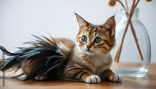 Macro photograph of a feathery cat toy beside a vase with space for text photo