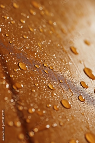 Close-up of a beautifully textured wooden surface speckled with fresh water droplets. photo