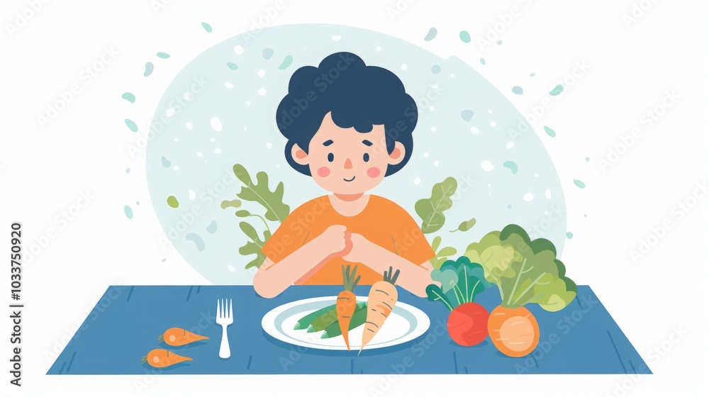 child with plate of vegetables illustration. child with plate of vegetables illustration.