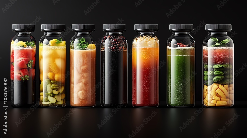 A row of six glass bottles filled with colorful fruit and vegetable smoothies, isolated on a black background. A row of six glass bottles filled with colorful fruit and vegetable smoothies, isolated on a black background.