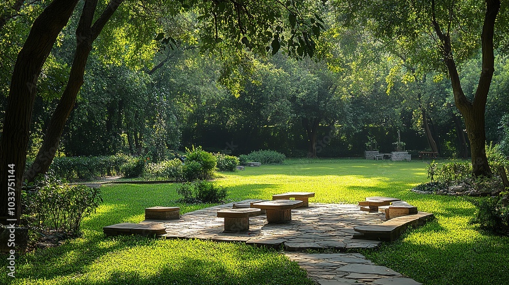 Fototapeta premium Serene Garden with Stone Seating Area in Nature