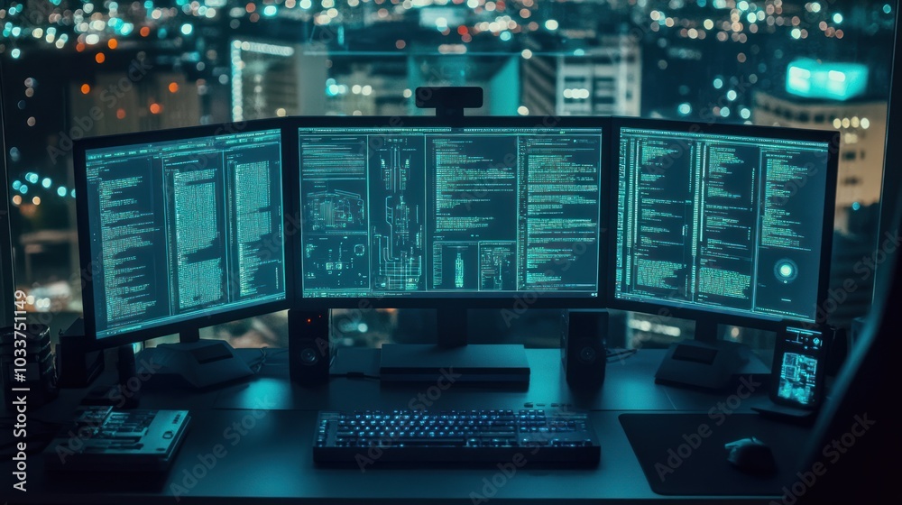 Nighttime Computer Setup with Green Code on Multiple Monitors