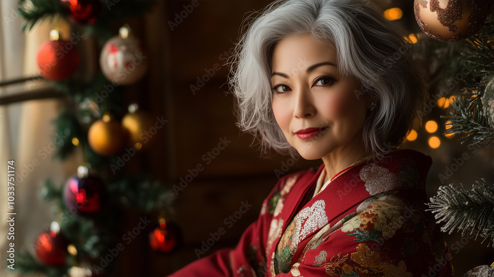 サンタ衣装の日本人女性の優雅な微笑み サンタ衣装の日本人女性の優雅な微笑み