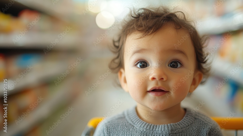 A bright-eyed toddler with curly hair sits in a shopping cart, smiling amidst the vibrant and colorful backdrop of a bustling supermarket aisle. A bright-eyed toddler with curly hair sits in a shopping cart, smiling amidst the vibrant and colorful backdrop of a bustling supermarket aisle.