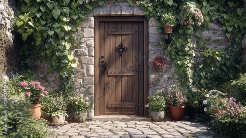 Rustic cottage entrance with a wooden door, iron hardware, and ivy-covered stone walls along a cobblestone path.