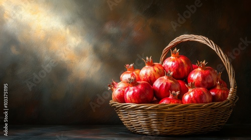 Ripe Pomegranates in Wicker Basket  Rustic Still Life  Autumn Harvest  Food Photography photo