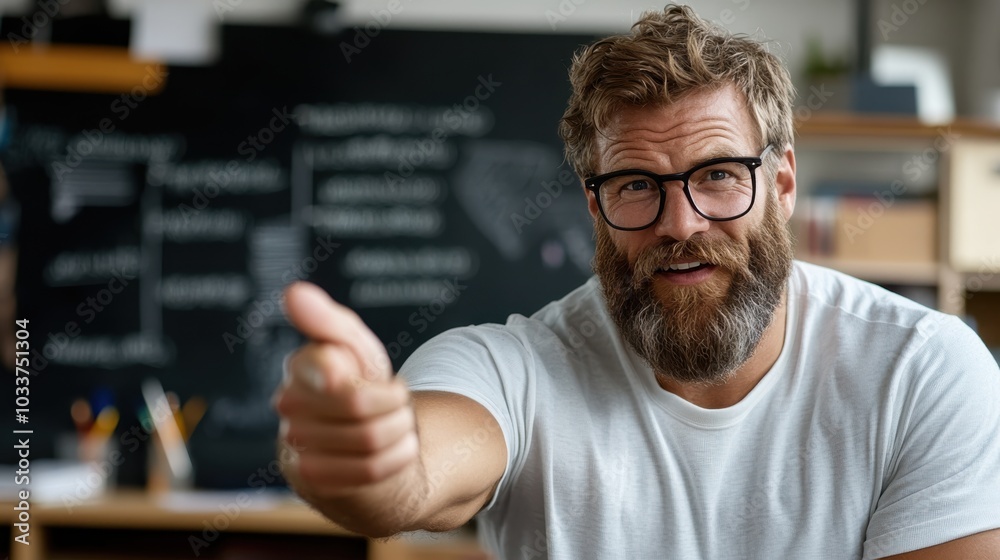 A bearded man wearing glasses and a white shirt smiles warmly as he gives a confident thumbs up, embodying positivity and approval in a casual setting. A bearded man wearing glasses and a white shirt smiles warmly as he gives a confident thumbs up, embodying positivity and approval in a casual setting.